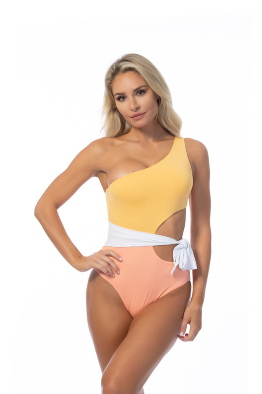 COLOR BLOCKING ONE PIECE ONE SHOULDER SWIMSUIT WITH CUT OUT AND WAIST TIE CLOSURE