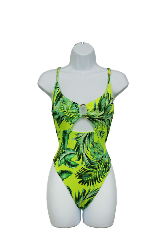 NEON YELLOW TROPICAL LEAF PRINT ONE PIECE SWIMSUIT